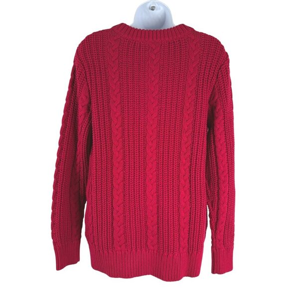 L.L. Bean Fisherman Sweater Womens Large Red Cable Knit‎ Cotton Chunky FS-1317 - Picture 5 of 8
